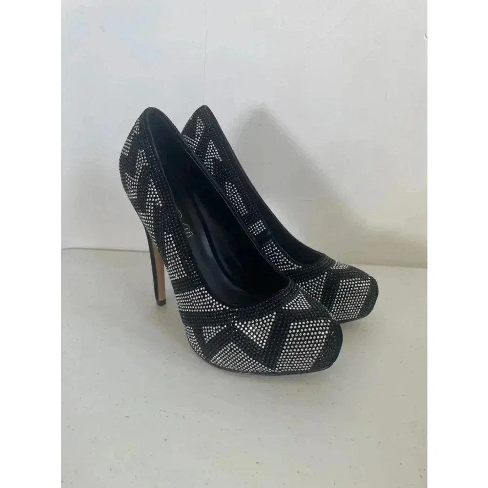 Women's Aldo Leather Chevron Black Rhinestone 6” High Heels Size 8.5 EUC
